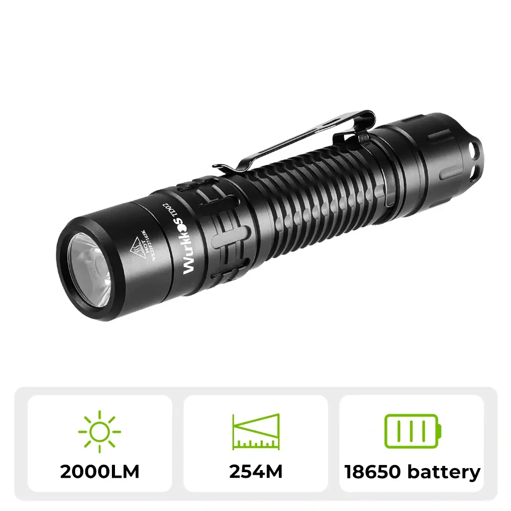 Wurkkos TD02 Rechargeable LED Tactical Torch - 2000LM, 254m Beam, Tactical Tail Switch, Waterproof, USB-C Charging, Pocket EDC Multi-Mode LED Light, for Daily Lighting, Adventure, Rechargeable Led Tactical Torches