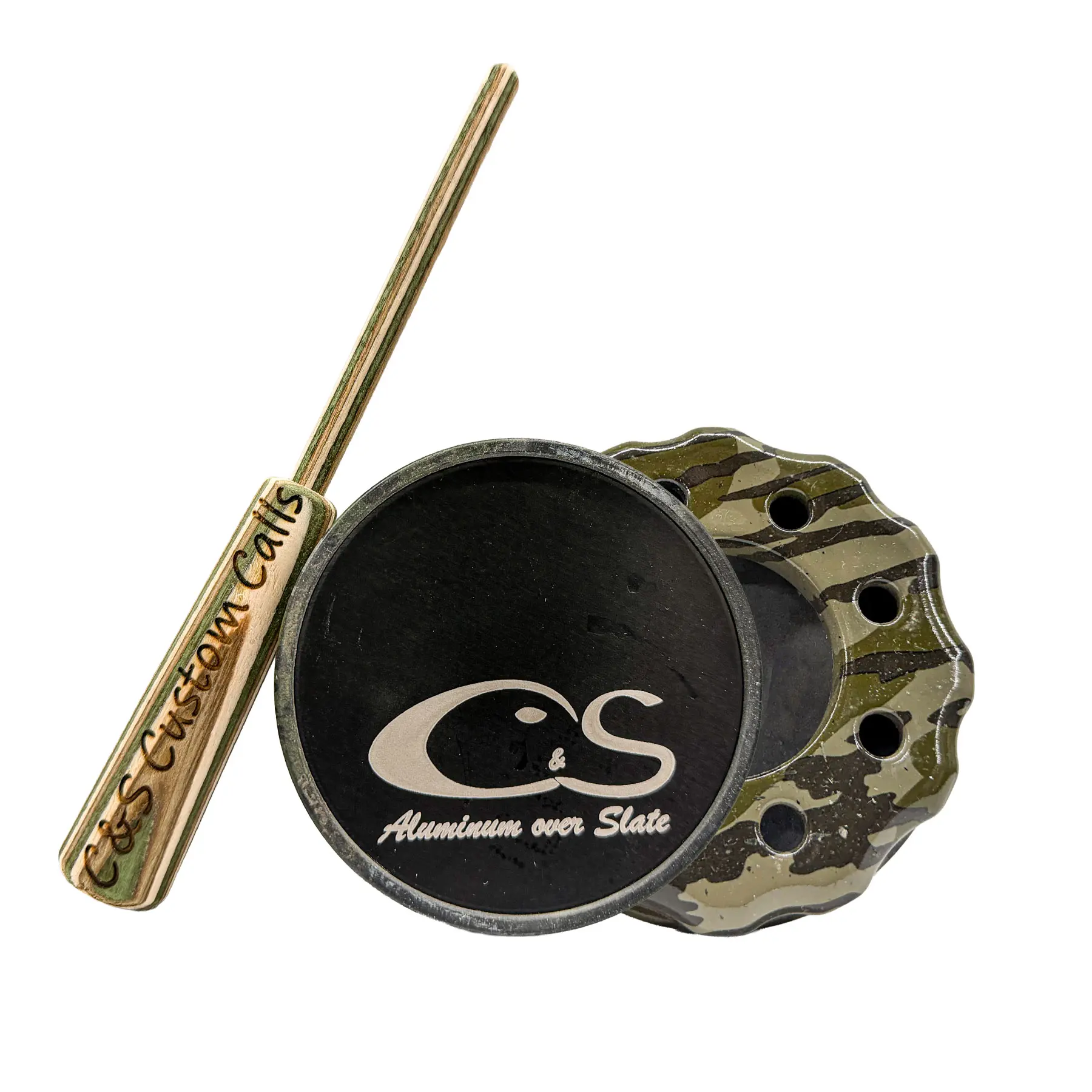 Aluminum over Slate Double Sided Turkey Pot Call with Diamondwood Striker