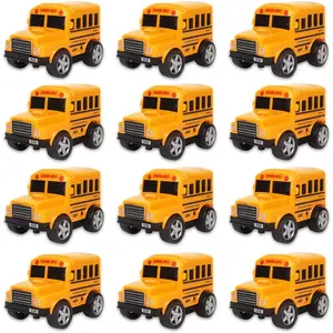 12 Pack in Box Chubby School Bus Model Toys - 4 inches Classic Long Nose Friction Powered 360 Rotation Vehicles - Ideal Gift, Party Favors for Kids (1 Dozen)