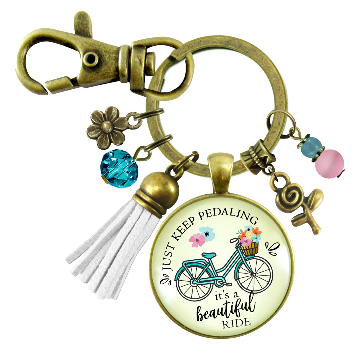Just Keep Pedaling Bicycle Keychain Beautiful Ride Summer Boho Chic Colorful Tassel Flower Charms