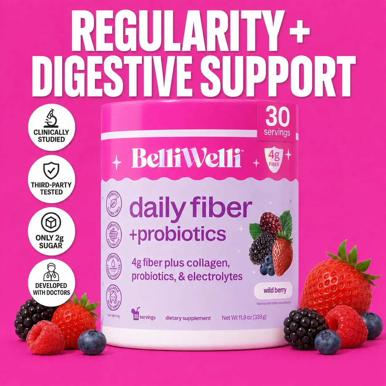 BelliWelli Daily Fiber + Probiotics - Wild Berry - 30 day