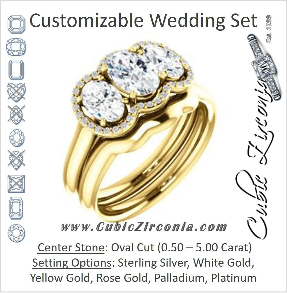 CZ Wedding Set, featuring The Carissa engagement ring (Customizable Oval Cut 3-stone Halo Style with Oval Accents)