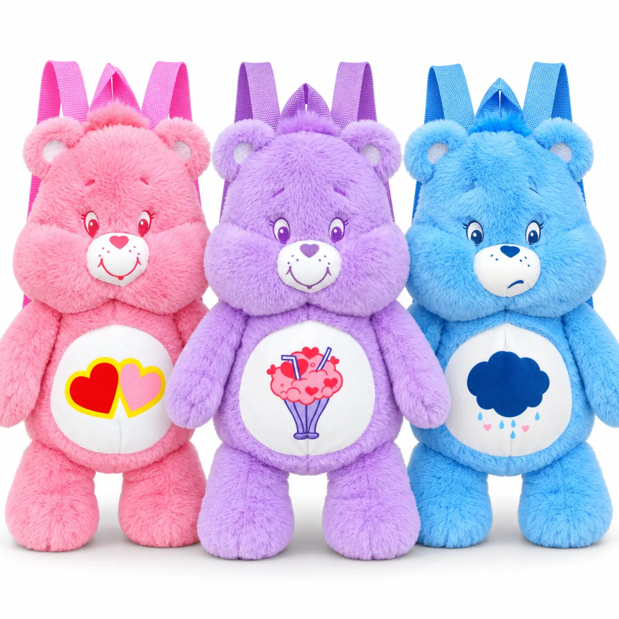 Care Bears 17-Inch Plush Doll Backpack, Love-a-Lot Bear, Share Bear & Grumpy Bear Character Bag, Soft Stuffed Bear Backpack with Adjustable Straps, Cute Gift for Kids, Teens & Fans