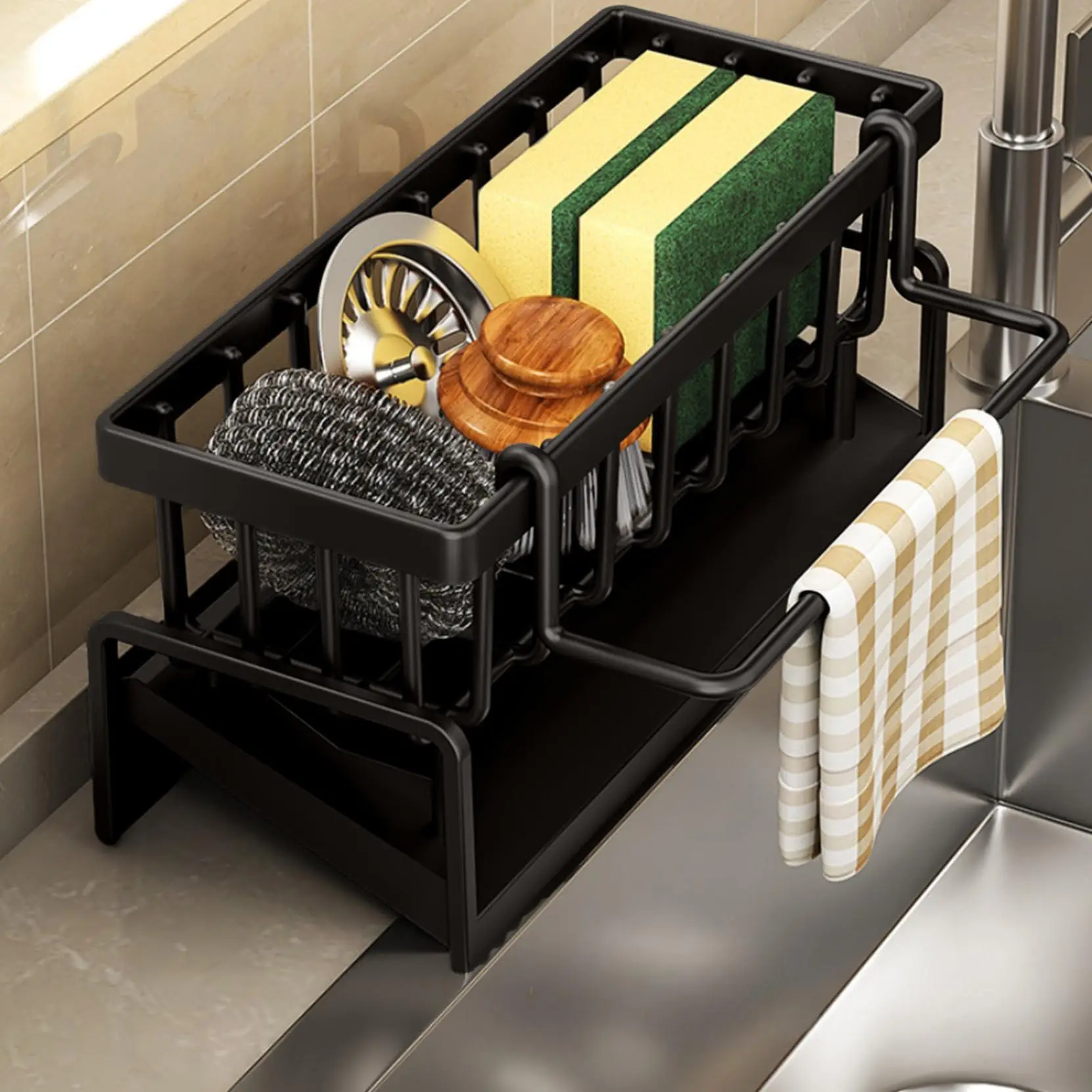 Kitchen Sink Storage Rack, Sink Caddy, Multifunctional Durable Cleaning Tool Storage Rack, Home Organizer for Kitchen & Bathroom