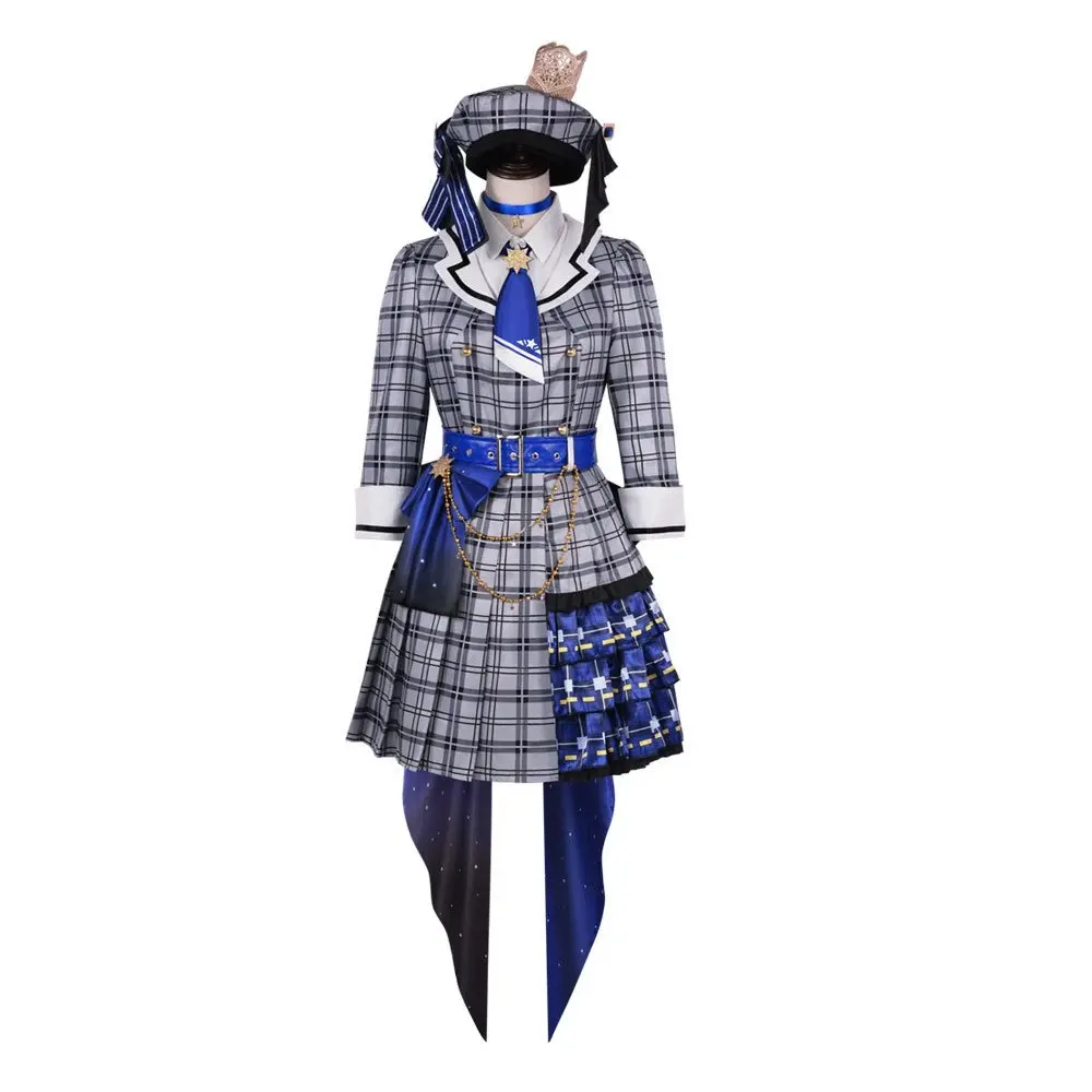 Hoshimachi Suisei Gray Blue Plaid Dress Cosplay Costume Full Set with Hat Bow Tie Gloves Socks for Comic Con