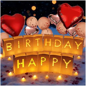 Happy Birthday Light Up Letters Luminary Bags with Tea Lights Candles Latex Balloons Aluminum Balloons Rose Petals Surprise Gifts Banner Birthday Decorations for Women and Men