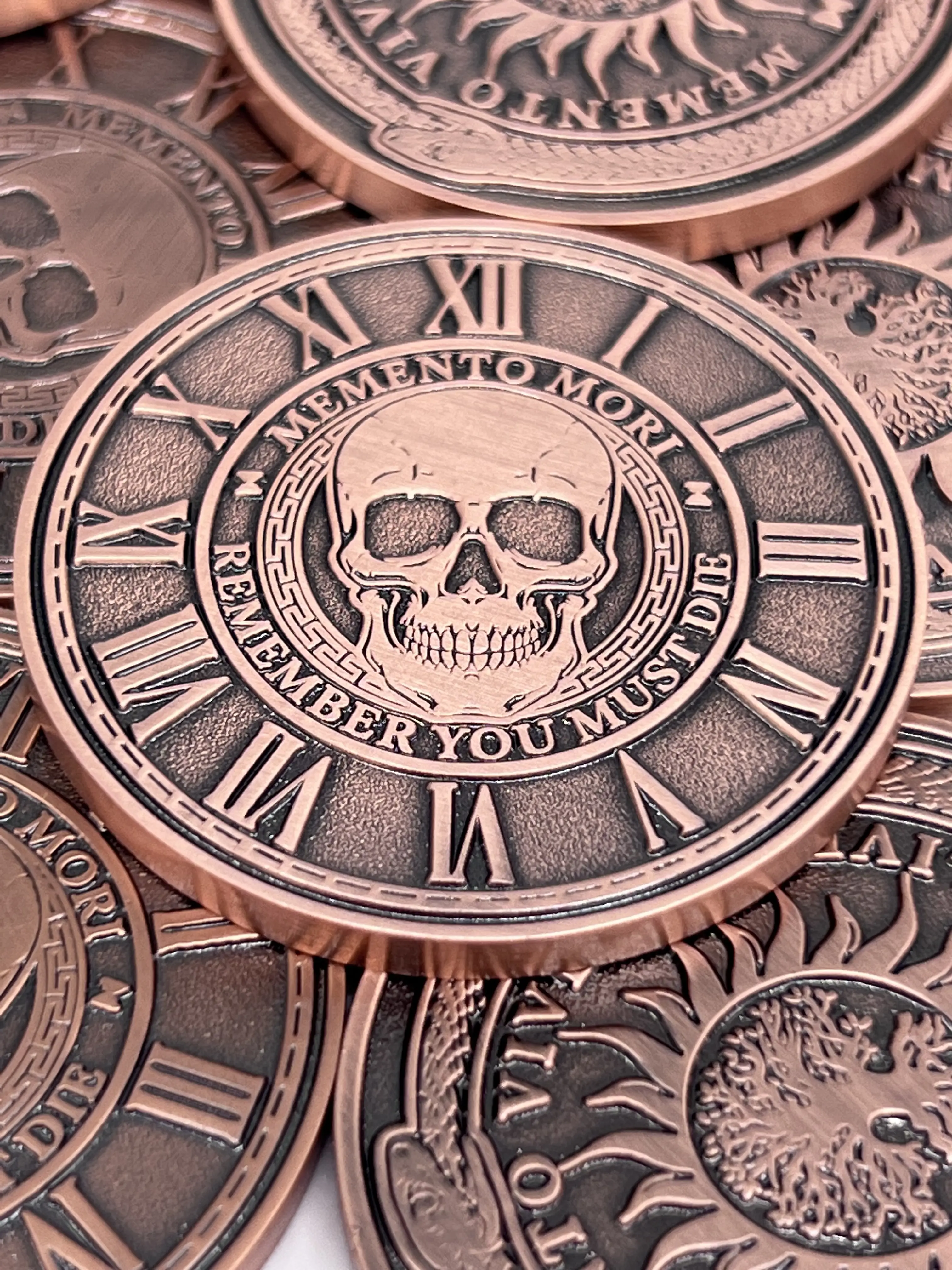 Memento Mori Medallion Stoicism Gift Amor Fati Metal Copper Color Token EDC Challenge Stoic Reminder Pendant Momento Mori Gift for Daily Stoic Practice Memento Vivere Skull