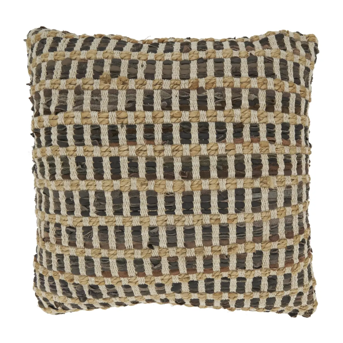Saro Lifestyle 1250.CT20SD 20 in. Handwoven Leather-Jute-Cotton Down-Filled Standard Pillow, Chocolate, Rustic Chic, Earthy Vibe