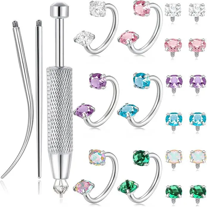 Stainless Steel Piercing Jewelry Kit, 6 Pack CZ Horseshoe Nose Rings 8mm, Sparkle Cubic Zirconia Septum Hoops with Internal Thread Design, Multi Purpose Body Jewelry for Nose, Lip, Eyebrow, Ear, Tragus, Helix Piercing, Hypoallergenic Jewelry for Women Men