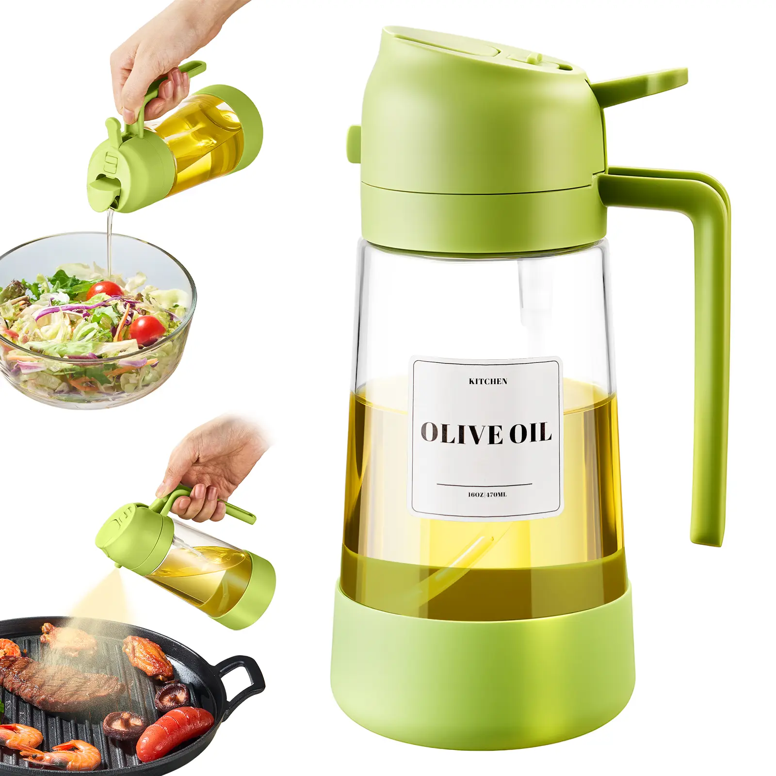 16 oz Glass Oil Jug - Leak-Proof Kitchen Supplies Dispenser with Non-Slip Silicone Bottom, Spray and Pour Functions for Cooking, Salad Dressing, 16Oz, Spray And Pouring Functions