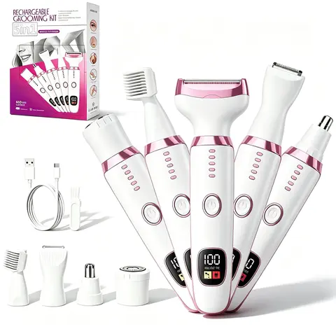 Women's 5-in-1 Rechargeable Electric Body Shaver & Cordless Hair Trimmer Kit - Stainless Steel, Compact, Detachable Heads, Wet/Dry Pain-Free Multi-Tool Kit for All Skin Types (Bikini, Legs)