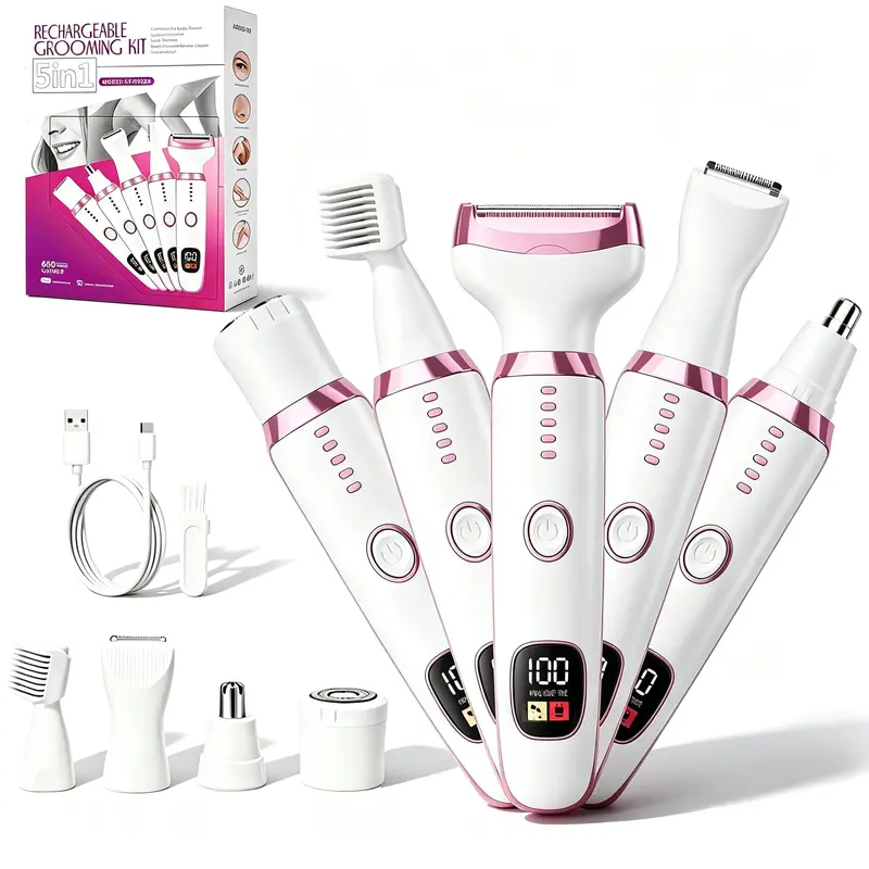 Women's 5-in-1 Rechargeable Electric Body Shaver & Cordless Hair Trimmer Kit - Stainless Steel, Compact, Detachable Heads, Wet/Dry Pain-Free Multi-Tool Kit for All Skin Types (Bikini, Legs)
