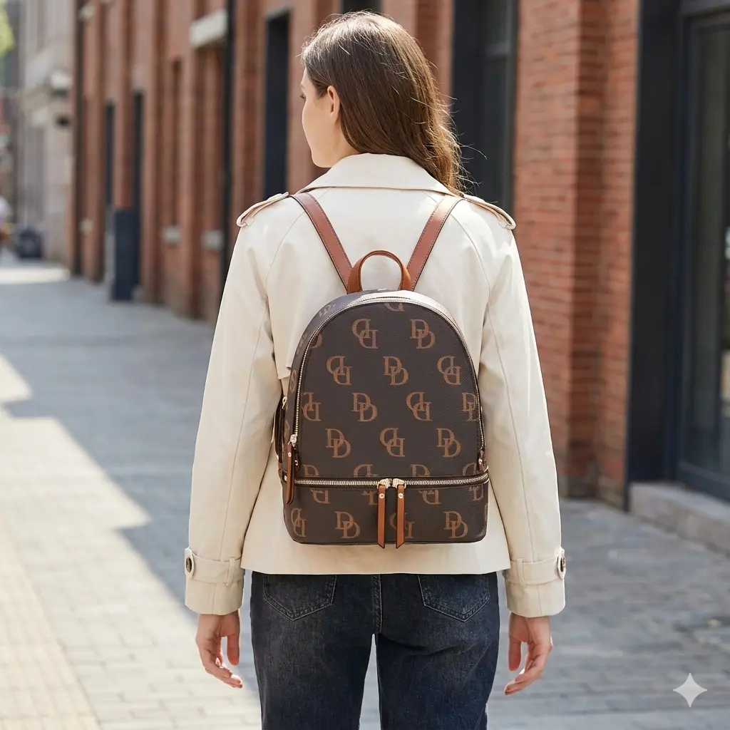 Women's Classic Print 2-Piece Casual Printed Backpack Set - Stylish Daypack with Long Wallet, Medium Capacity Dome Purse, Gold-Tone Elegance Hardware, Fits 10.9-Inch Tablet for Daily Use