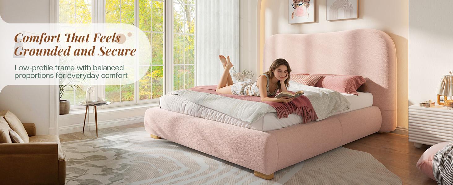 [Memorialday]VanAcc Cloud Bed Frame, 7.1" Thick Curved Headboard, Soft Rounded Corners Kid & Pet Safe Design, Modern Upholstered Platform Bed, No Box Spring Needed