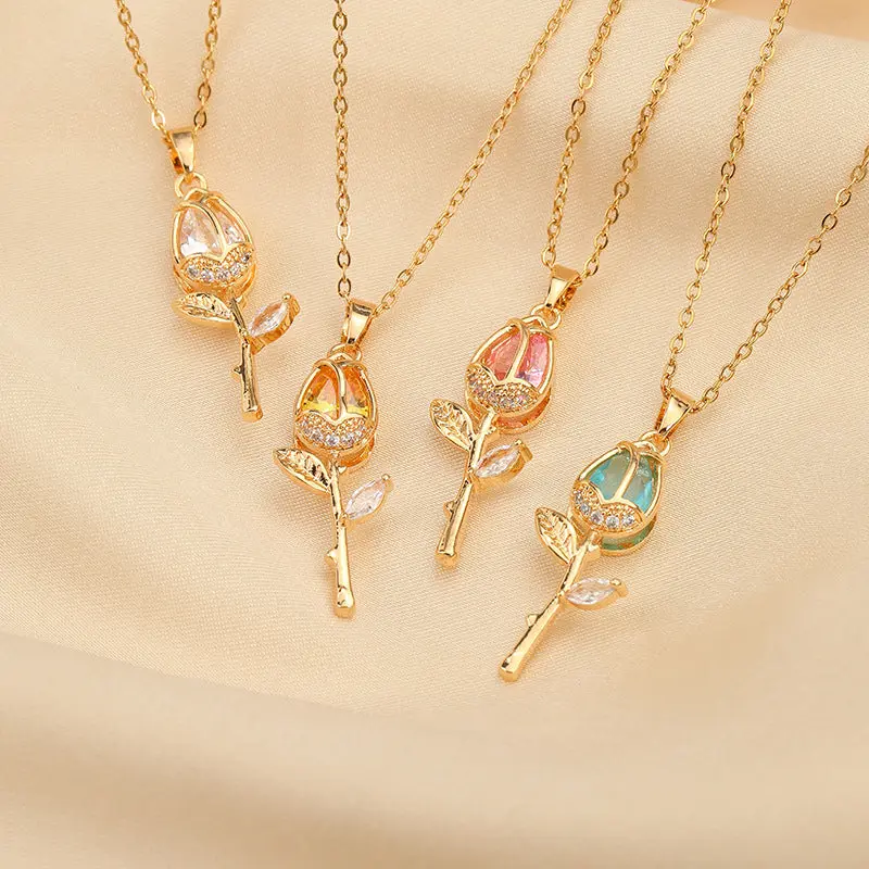 Crystal Zircon Tulip Titanium Steel Necklace