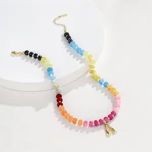 Women's Handmade Natural Stone Beaded Choker Necklace - 14K Plated Bubble Initial Letter Pendant Colorful Gemstone Costume Jewelry