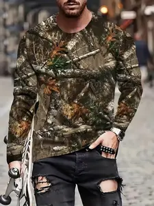 Men's Camouflage Long Sleeve T-Shirt, Casual Polyester Round Neck, Outdoor Inspired Design, Forest Leaf Pattern, H-Type Silhouette