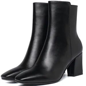 Women's Ankle Boots Square Toe Side Zipper GoGo Boots Chunky Block Heel Mid Calf Low Heeled Short Booties Winter Casual Plain Walking Shoes Elegant Footwear Stylish