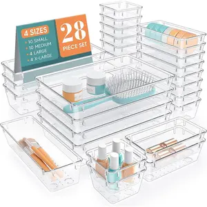 28 count Clear Plastic Drawer Organizers Set, 4 Size Desk Drawer Organizer Trays for Makeup, , Kitchen Utensils, Gadgets and Office Accessories