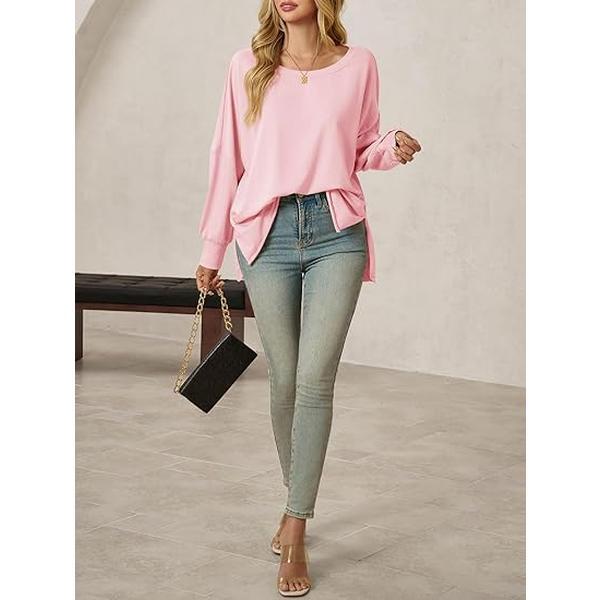 Tankaneo Womens Oversized Off The Shoulder Tops Long Sleeve Trendy Casual T-Shirts Side Slit Loose Fit Tunic Shirts