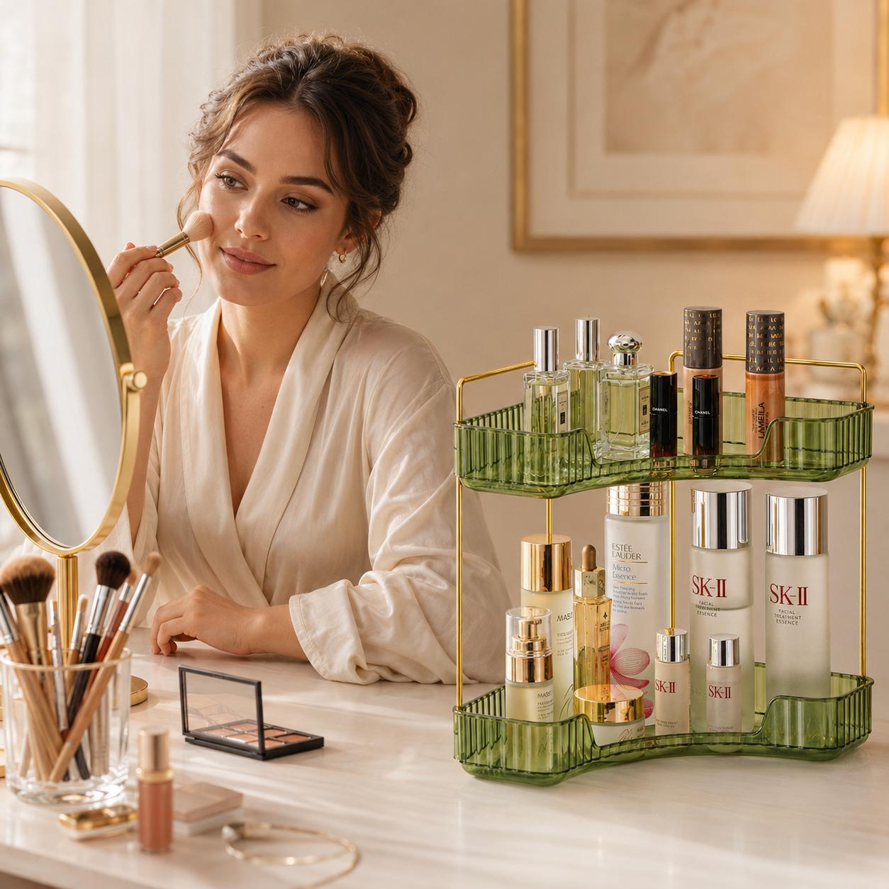 2 Tiers Corner Bathroom Counter Organizer,room decor,mClear Countertop Shelf Storage Rack,2-Tier Space-Saving Countertop Storage Rack for Vanity Makeup Perfume, Kitchen Dresser Organizer Corner