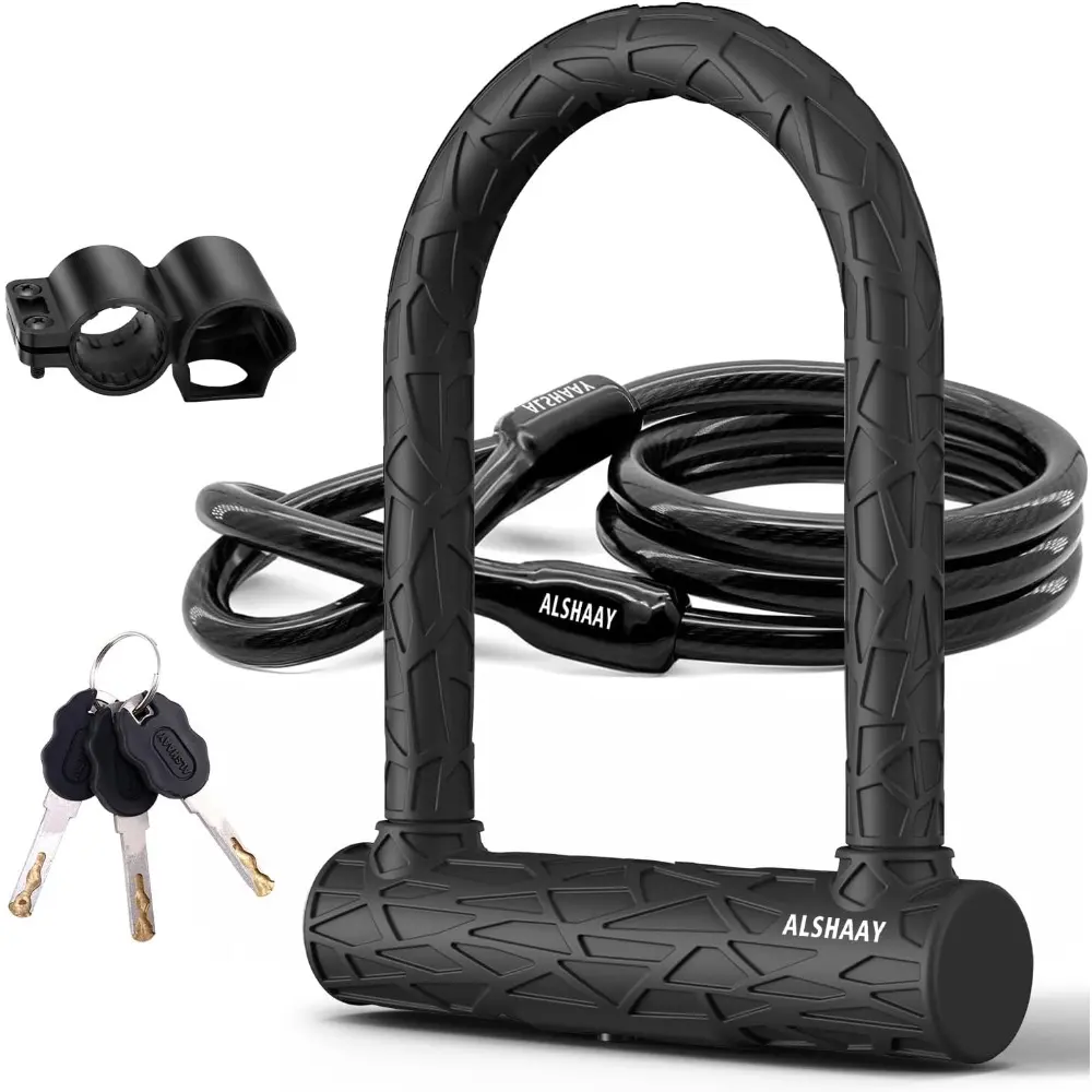 Heavy Duty U Lock-Super Strong 12 Ton Shear, 20mm U Shape Anti-Theft Silicone Covered Lock for Bike, Electric Scooter with Sliding Cover Keyhole, 4ft Steel Cable with Mounting Bracket and 3 Keys(S)