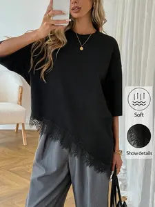 1 Spring Summer Lace Trim T-Shirt Women | Round Neck Half Sleeve Asymmetric Lace Hem Loose Casual Top | Old Money Casual Chic Style for Daily Office Vacation Wear