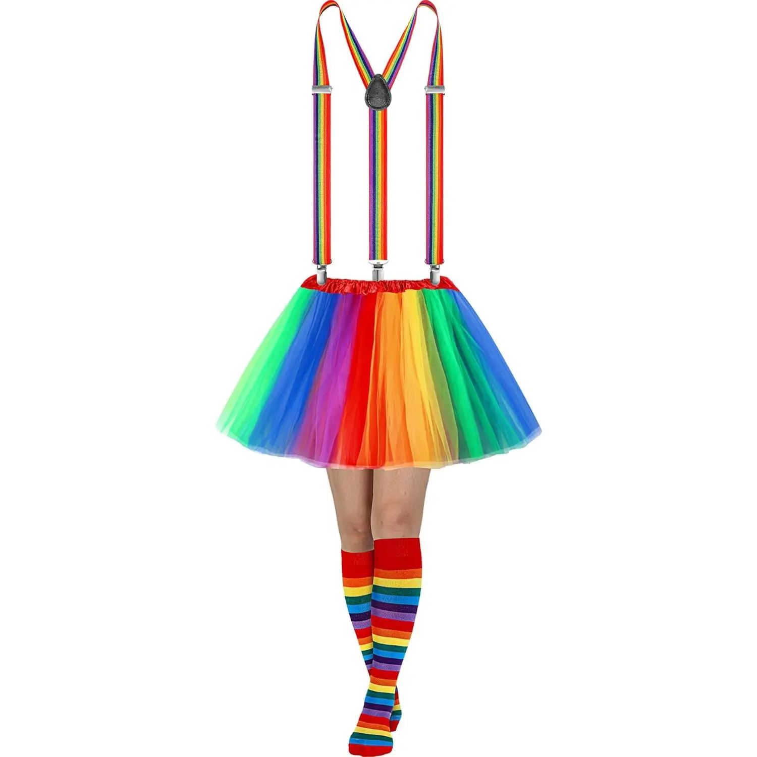 3 count Women's Tutu Costume, 5 Layered Tulle Tutu Skirt Y  Adjustable Elastic Straps Striped Socks