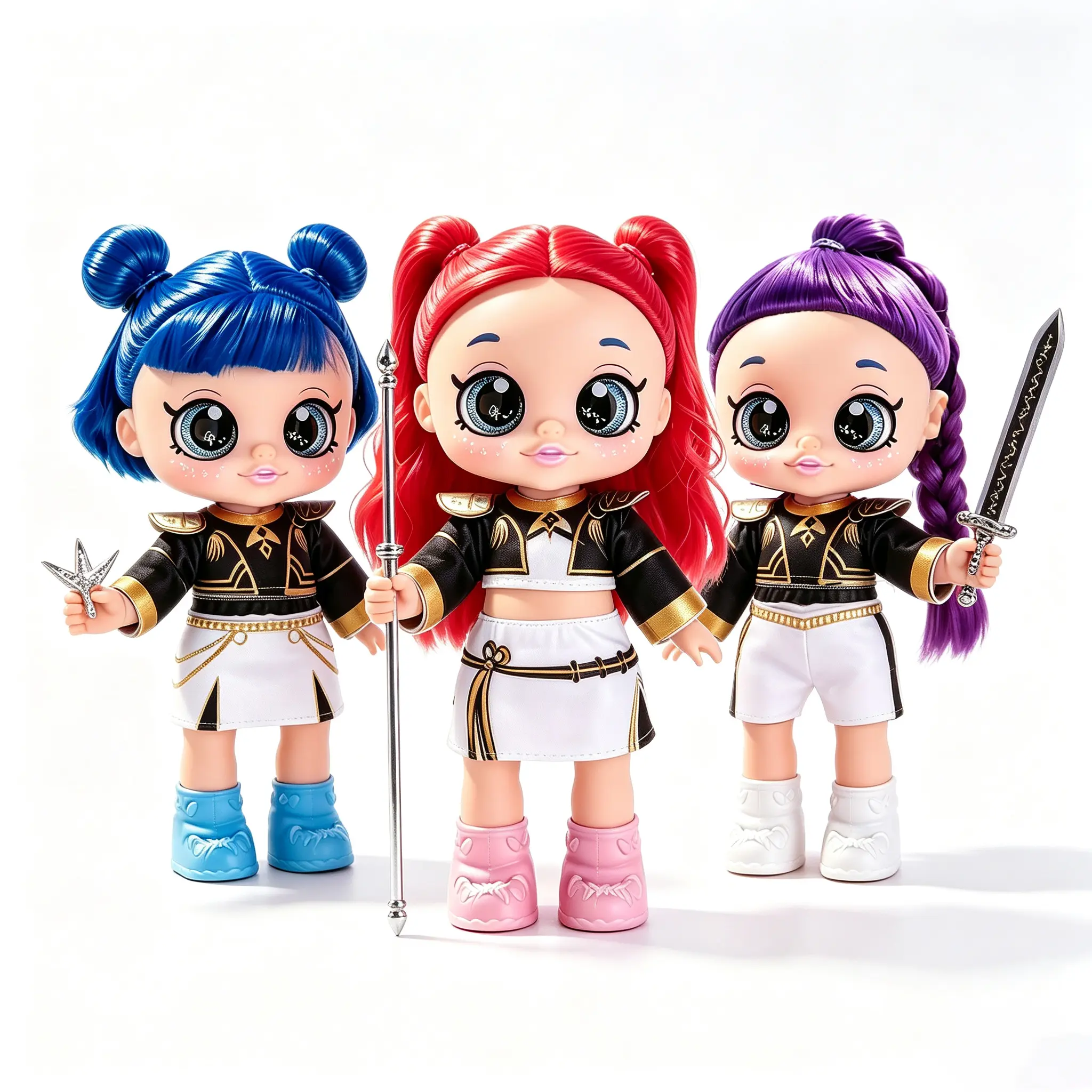13inch K-Pop Warrior Cute Big-Eyed Girl Doll Set, Colorful Hair Collectible Fashion Dolls with Weapon Props, Black Gold Stage Outfit Plush Figure Toy Gift for Girls Kids Birthday Holiday