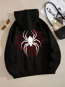 Women's Spider & Web Print Drawstring Pocket Hoodie, Fashion Casual Drop Shoulder Long Sleeve Hooded Sweatshirt for Daily Outdoor Wear, Women Fall & Winter Clothes, Halloween