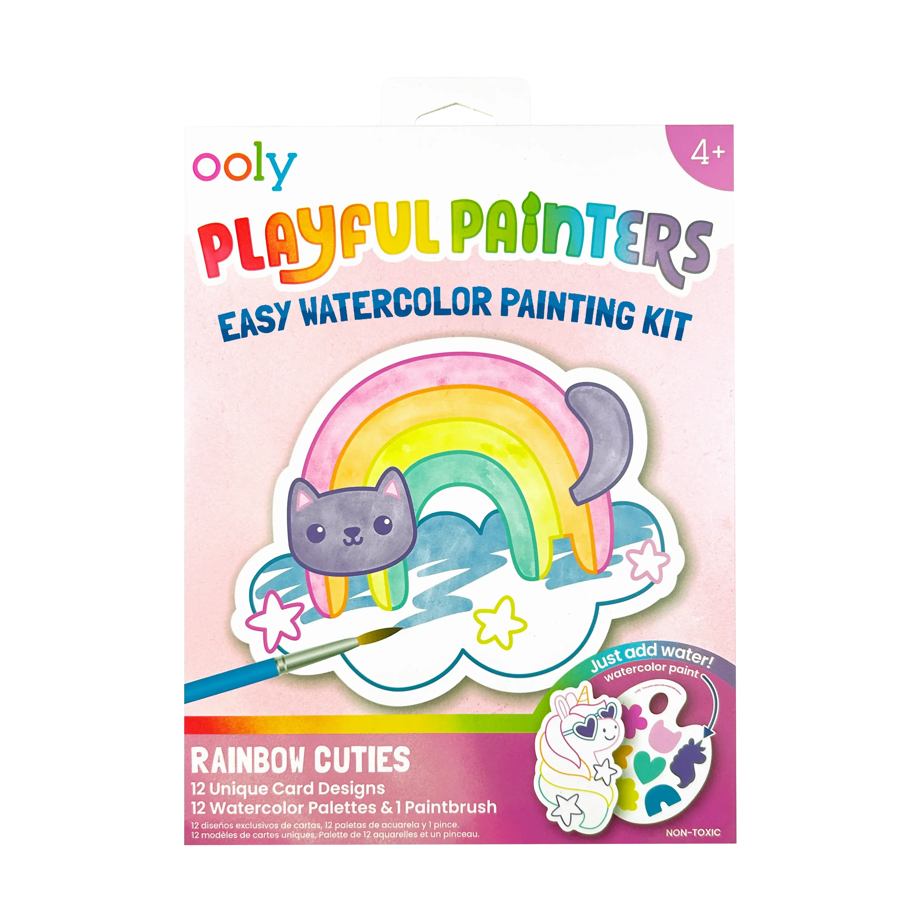Playful Painters Easy Watercolor Painting Kit - Rainbow Cuties - 12 Cards 12 Palettes 1 Paintbrush