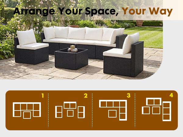 7 Piece Outdoor Patio Sectional Sofa, Modular Wicker Furniture Set with 2.8" Thick Cushions, Adjustable Feet, All-Weather Rattan Outdoor Couch for Backyard, Deck, Garden, Poolside 7 Piece Outdoor Patio Sectional Sofa, Modular Wicker Furniture Set with 2.8" Thick Cushions, Adjustable Feet, All-Weather Rattan Outdoor Couch for Backyard, Deck, Garden, Poolside