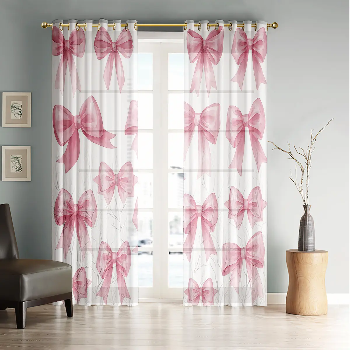 2 panels Bow Print Light Filtering Window Curtain Panels, Classic Polyester Ring Top Drapes, Home Decoration Curtain for Kitchen Living Room Bedroom Bathroom, Home Decorative Curtain, Kitchen Curtains