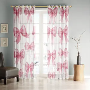 2 panels Bow Print Light Filtering Curtain Panels, Classic Polyester Ring Top Drapes, Home Decoration Curtain for Kitchen Living Room Bedroom Bathroom