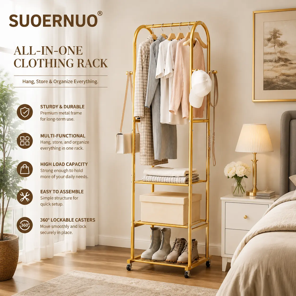 SUOERNUO Clothes Rack With Wheels and 3-Tier Metal Shelves,Clothing Rack For Hanging Clothes With 4 Hooks,Garment Rack Wardrobe Organizer for Small Space