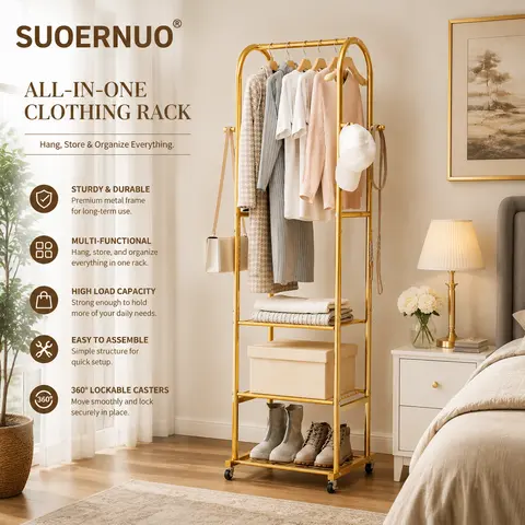 SUOERNUO Sturdy Floor-Standing Coat Rack - Furniture, Closet Storage Rack with Durable Metal Tubes, 3-Layer Multilayer Shelf, 4 Hooks, Lock-In Wheels with 2 Brakes, Room Storage for Small Spaces, Apartment Accessories
