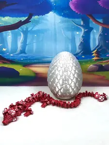3D Printed Dragon with Egg, Articulated Red and White Mushroom Dragon, 12 Inches Fidget ADHD Autism Toy D037