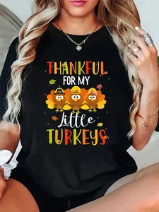 Thankful For My Little Turkeys Teachers Thanksgiving Women T-Shirt women's graphic tees fall shirts Casual All-Season Sportswear,Round Neck, Short Sleeve, Machine Washable