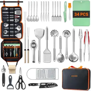 Portable Camping Cooking Utensils Set, Camp Kitchen Set with Organizer Bag, RV Essentials Outdoor Cooking Utensil Kit for Travel, Picnics, Camping, BBQs, Parties