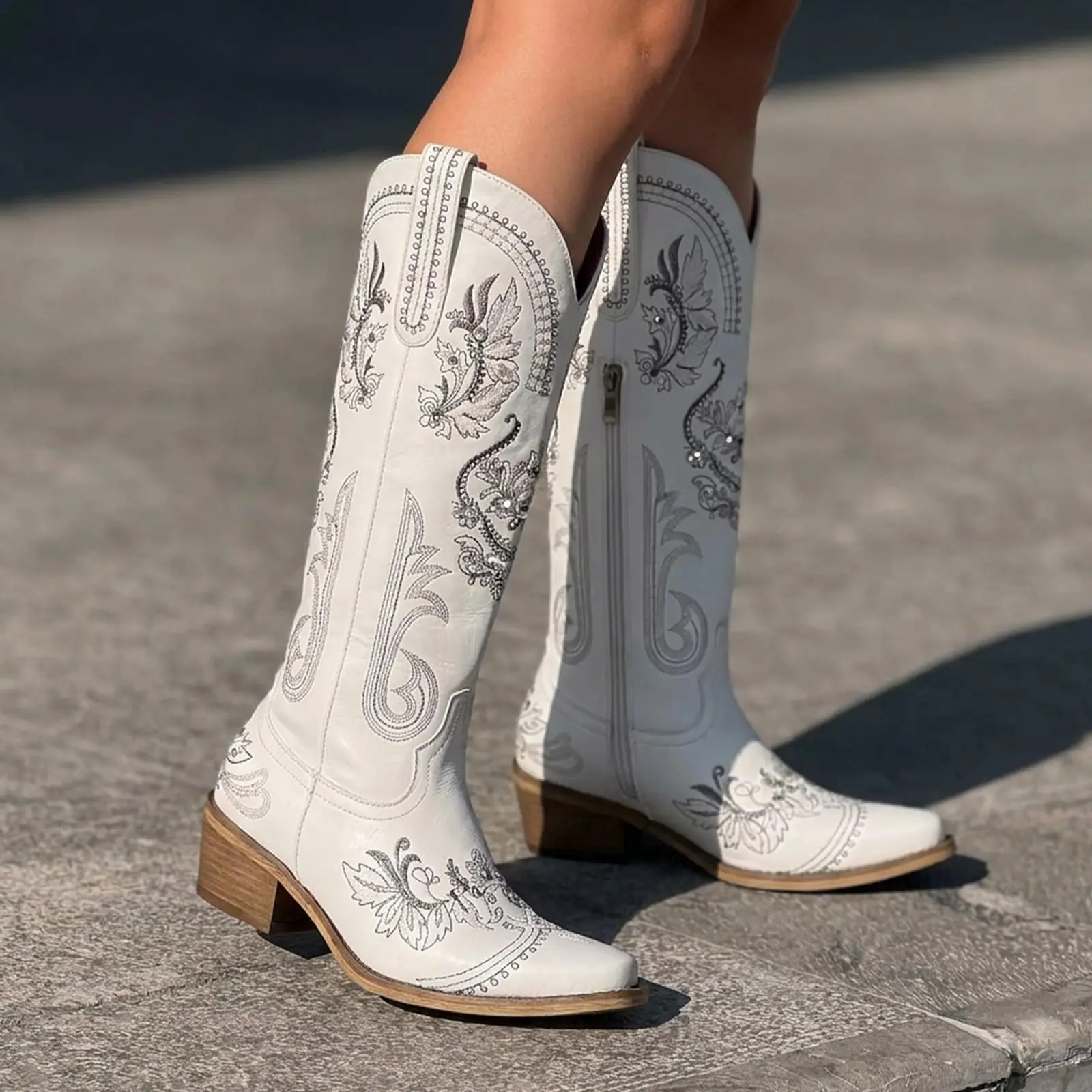 Fashion Cowboy Boots for Women - Wide Calf Sparkly Cowgirl Boots, Comfort Women's Knee High Rhinestone Boots, Glitter Sparkle Country Boots with Classic Embroidery, Pointed Toe Pull On Zipper for Festival Concert Outfits summervibes,
