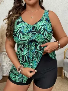Women's Plus Size Fashion Casual Sporty Plant Print Slimming Backless Party Dress with Briefs Swimsuit Set Leaf Print Tankini