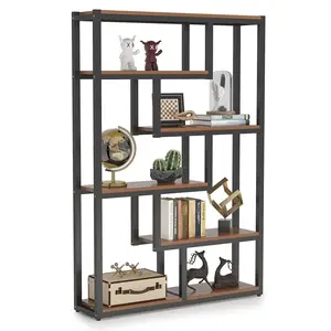 Tribesigns Vintage Etagere Bookshelf For Home Office, 6-Shelf 69 Inch Tall Storage Display With Sturdy Metal Frame, Dark Walnut