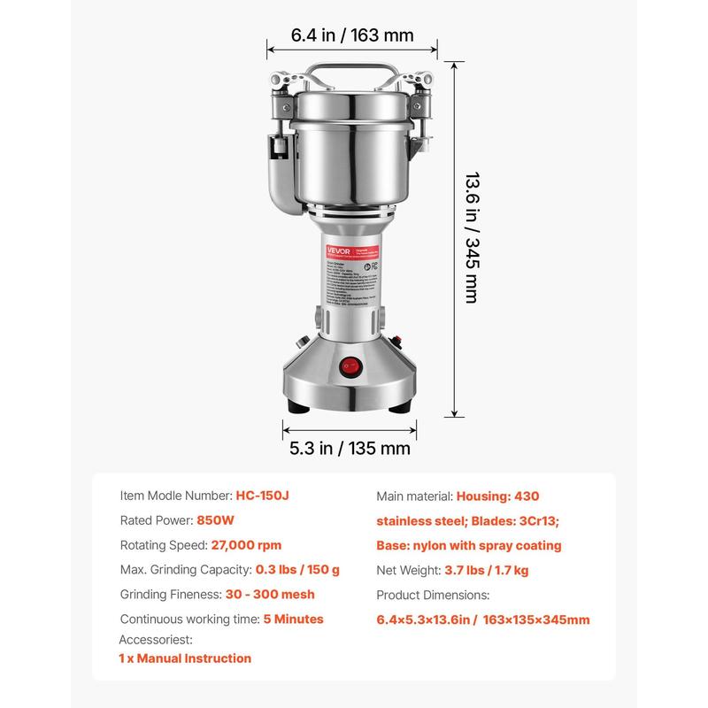 VEVOR Electric Grain Mill Grinder, 0.3 lbs Commercial Spice Grinders, High Speed 850W Stainless Steel Pulverizer Powder Machine, for Dry Grains, Spices, Cereals, Coffee, Corn & Pepper, Straight Type