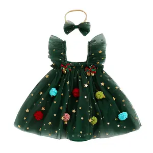 Baby Girl Christmas Tree Romper Dress Pompom Embroidery Sleevelsss Suspender Tulle Tutu Dresses Meash Skirt Bodysuit with Bow Headband Cute Newborn Xmas Photo Clothes