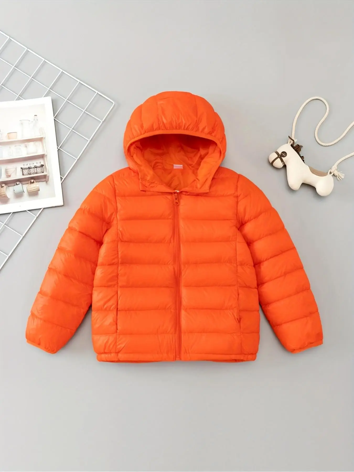Kid's Solid Zip Up Hooded Puffer Coat, Casual Long Sleeve Warm Outerwear for Fall & Winter, Kids Clothing for Daily Wear