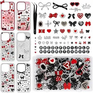 Junk Phone Case Charm Kit with Y2K Cool Aesthetic Bows Stars Hearts Round Letter Beads Rhinestones Red Black Flat-Back Resin Charm Bulk for Customizing Cases
