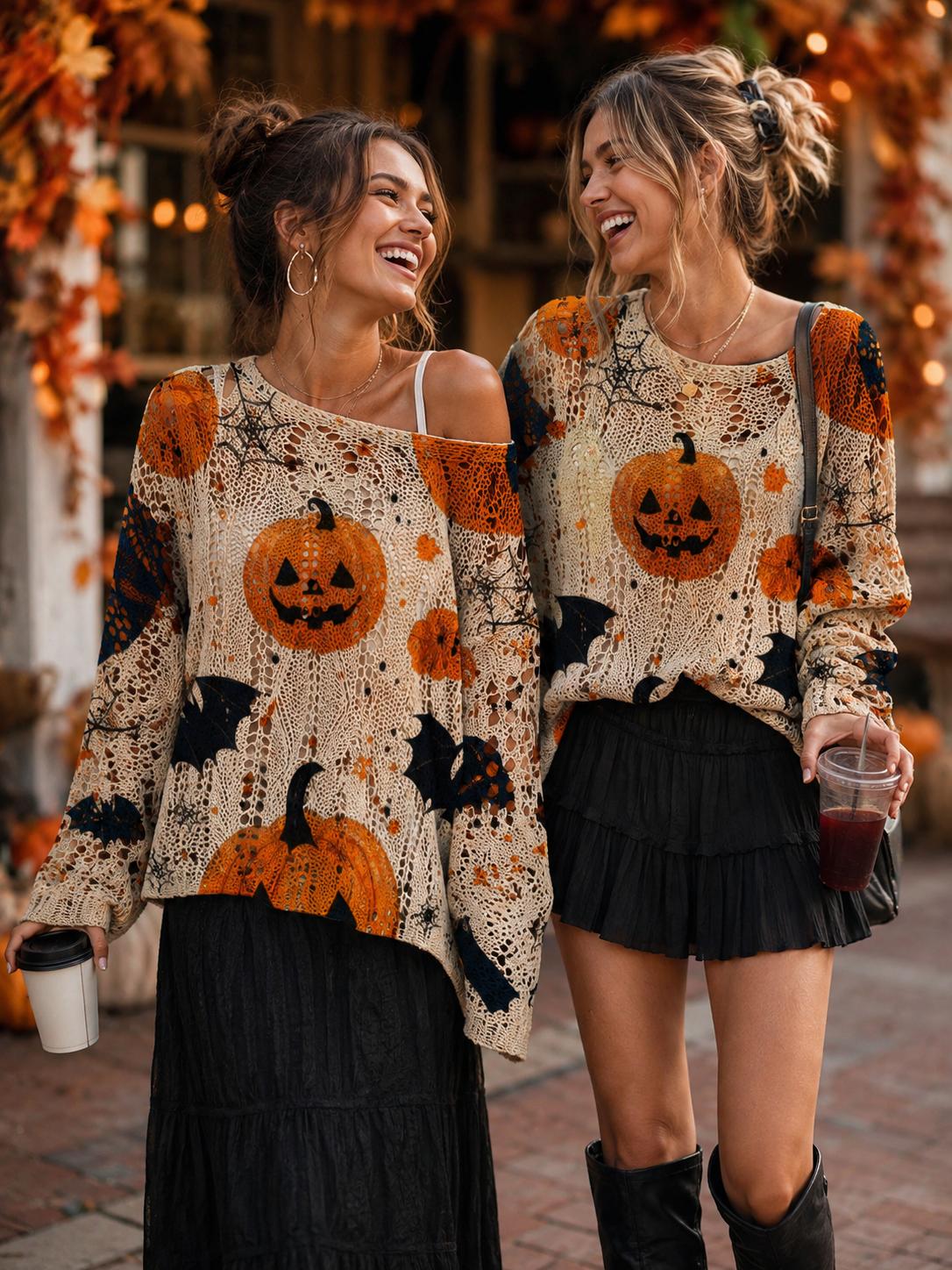Full length view of the long sleeve Halloween pumpkin bat pullover sweater