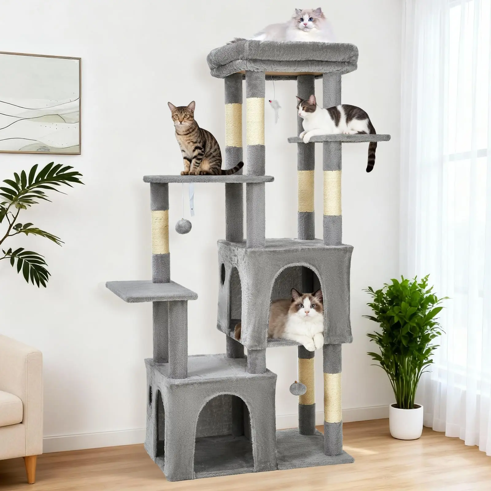 GAOMON 61" Multi-Level Cat Tree for Indoor Cats, Heavy-Duty Tower for Large Adult & Maine Coon Cats with Extra-Large Perch, 2 Spacious Condos, Natural Sisal Scratch Posts & Play Toys – Light Grey