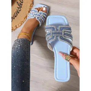 Women's Light Sequined Cross-Band Flat Sole Sandals, Comfortable PU Leather Summer Beach Party Footwear for Casual Outings, Elegant Classy Sandals