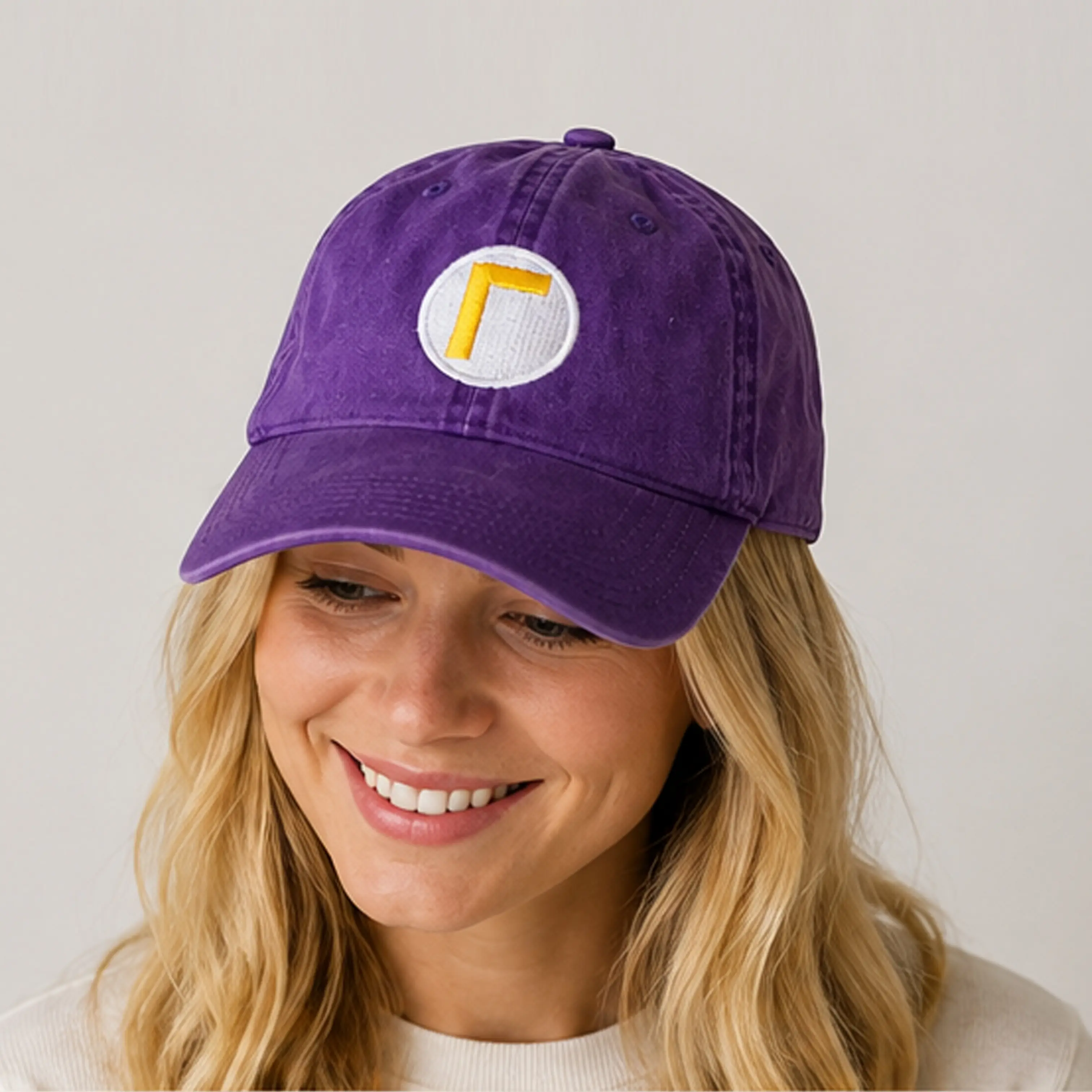 Waluigi Design Embroidered Cap, Washed Cotton Sports & Outdoor Hat for Halloween Costumes